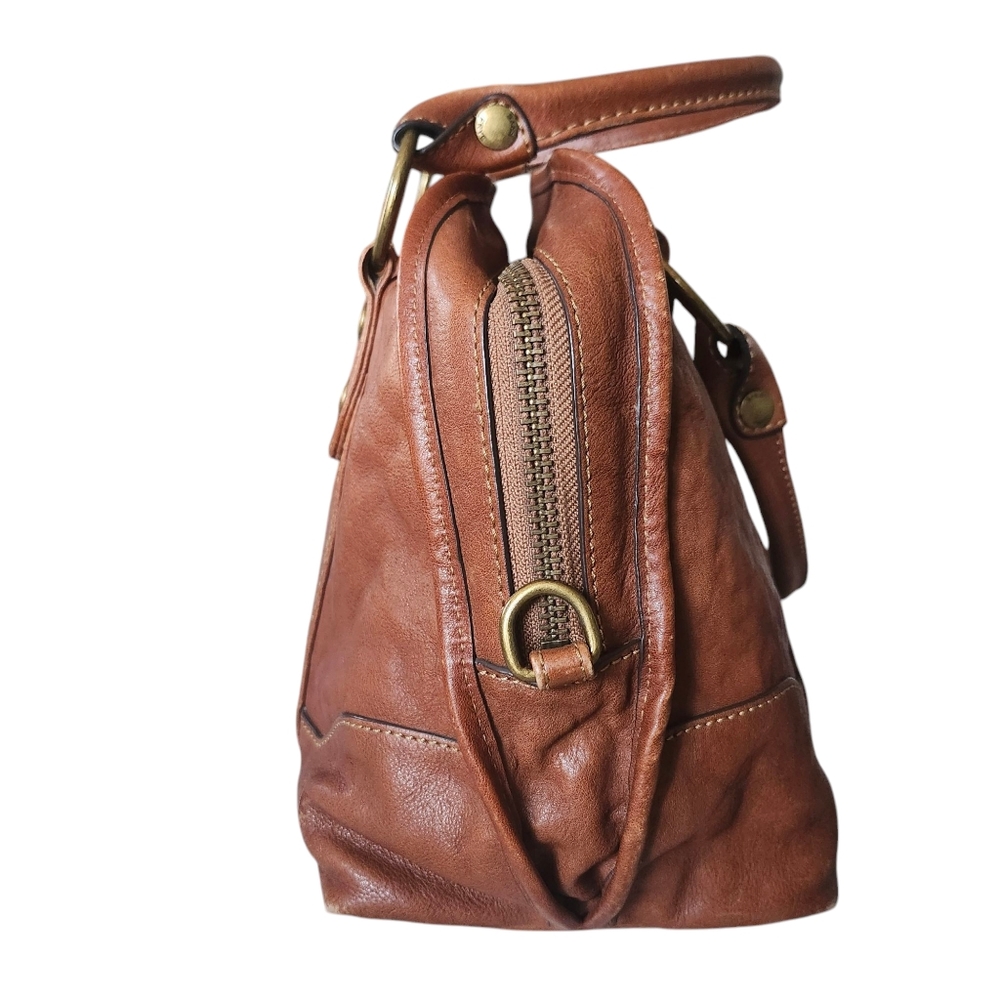 FRYE Melissa Dark Brown CognacDomed Leather Satchel Bag Double Rolled Handles - Picture 3 of 13